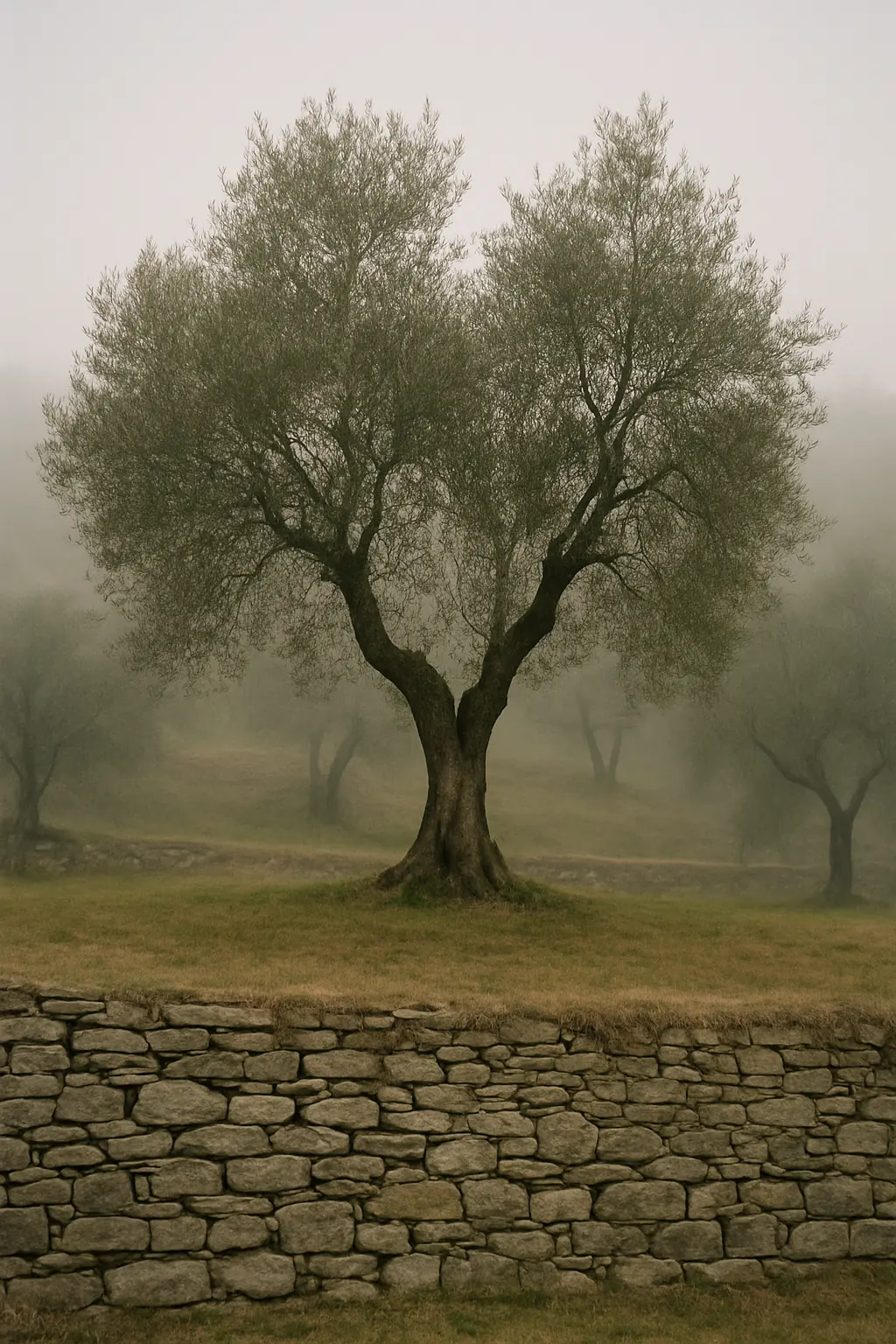 Filari di ulivi su terrazzamenti che salgono verso la cima della collina